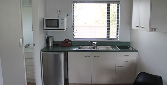 small kitchen with microwave, cooktops and fridge